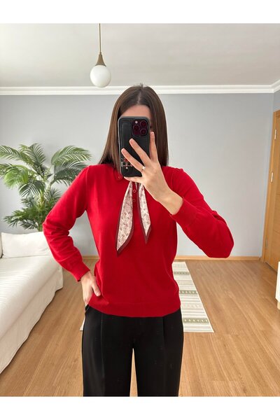 Sadık Collection Women's Red Polo Neck Scarf with Long Sleeves Tricot 140518