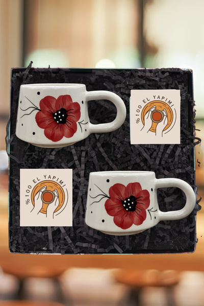 Janset Küyahya Handmade Set of 2 Red Flower Patterned Mugs