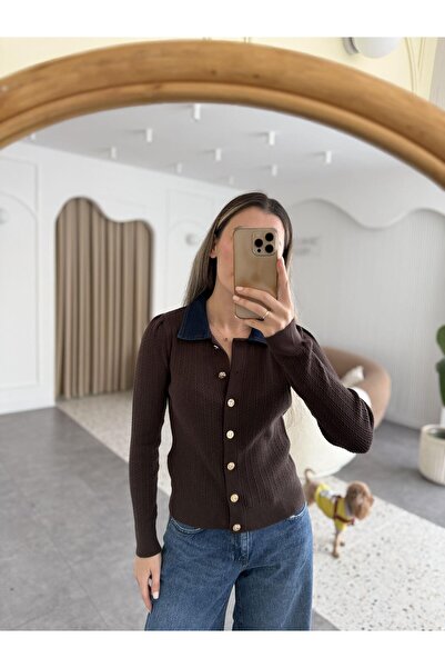 Sadık Collection Women's Polo Neck Tricot with Denim Trim