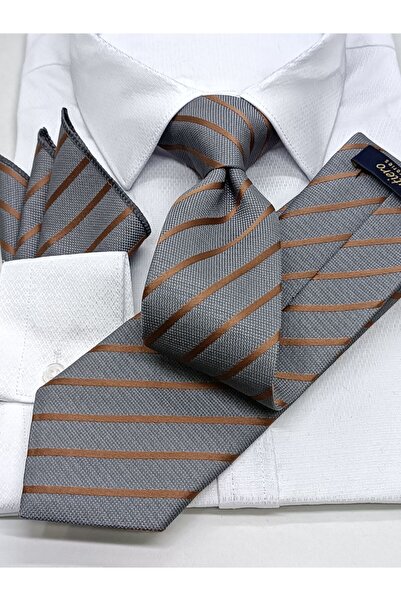 Gutiero Gray Beige Patterned Handkerchief Classic Tie