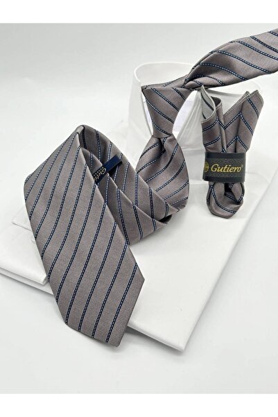 Gutiero Classic Necktie with Gray Patterned Handkerchief