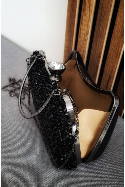 çantamgelsin Women's Scholarship Hand and Cross Chain Long Strap Crystal Stone Black Evening Dress Bag