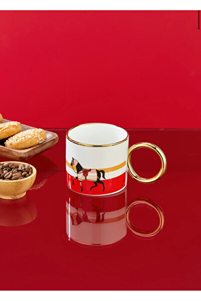 coker Ev dizaynım 200 Ml At Desenli Gold Kulplu Porselen Kupa Bardak (Mutfak,...