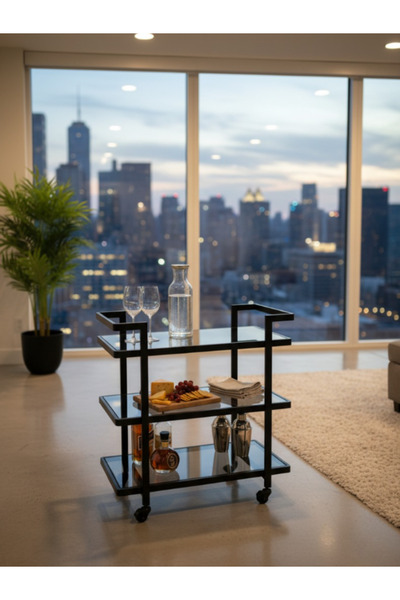 BEC24 Modern serving trolley - 80 cm - with three black glass shelves