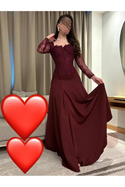 ELHAM FASHION فستان سهره عنابي دانتل باكمام