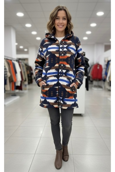 BİLGENS BUTİK Women's Ethnic Patterned Hooded Fleece Cardigan