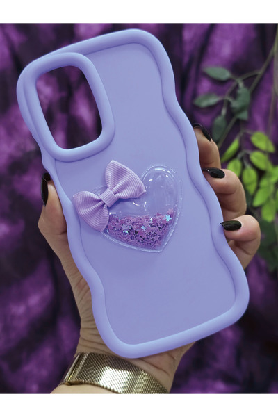 Magic Ring Xiaomi Redmi 10 2022 Uyumlu Kalpli ve Kurdeleli Yıldız Simli Lila Telefon Kılıfı