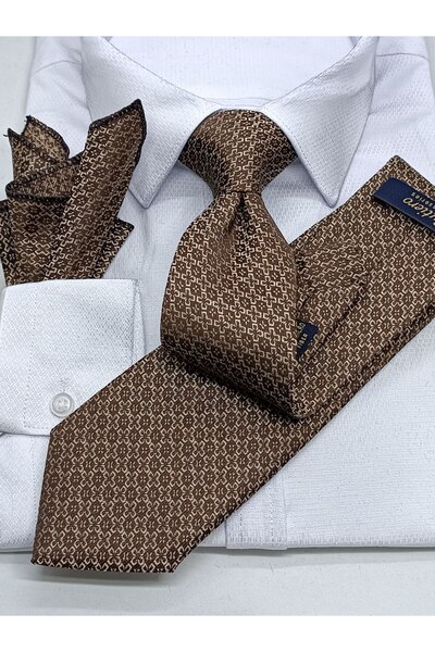 Gutiero Beige Patterned Classic Tie with Handkerchief