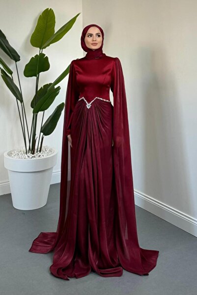 MERVEN AKYÜZ Loverna Taşlı Pelerinli Abiye Bordo