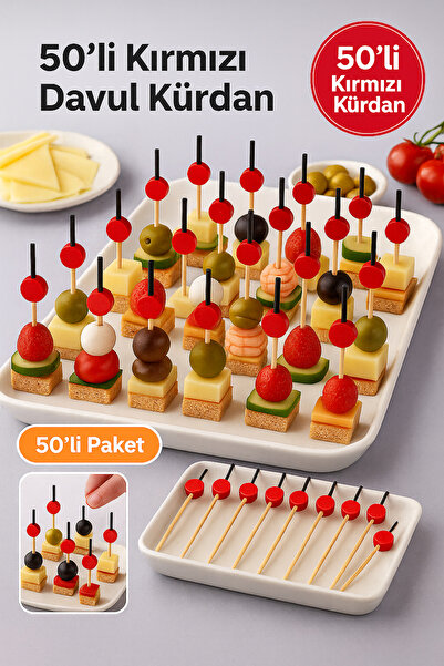 TOYFEST 50-Piece Red Drum Toothpicks 12 cm – Decorative Picks for Party, Presentation, Canapé, Cocktail, and Cheese Plate