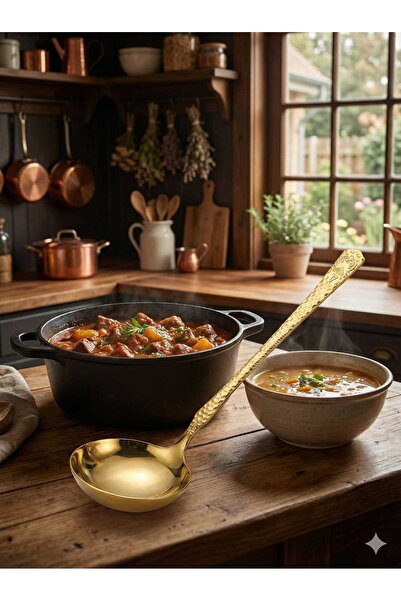 LOVYCO Gold Steel Soup Serving Ladle 18/10 Steel Non-Tarnish Stainless Forged Handle Ladle 18 cm