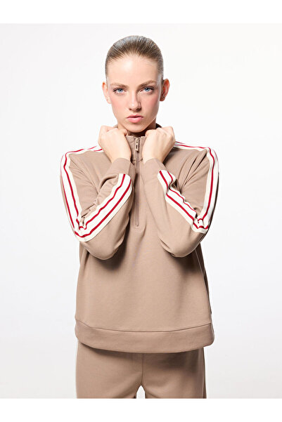 LC Waikiki Brown Mock Neck Striped Detail Women's Zippered Sweatshirt