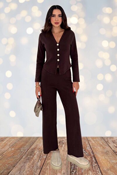 Moda Amore Women's Thessaloniki Fabric Gold Button Cardigan Pants Two-Piece Set (S-Xl) 5009