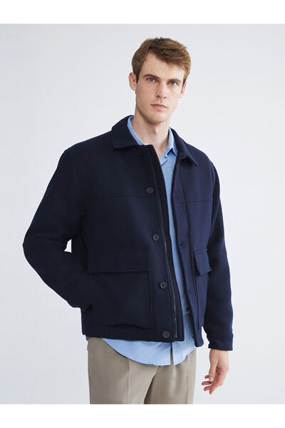 LC Waikiki Lcw Vision Navy Blue Standard Fit Shirt Collar Men's Cashmere Coat