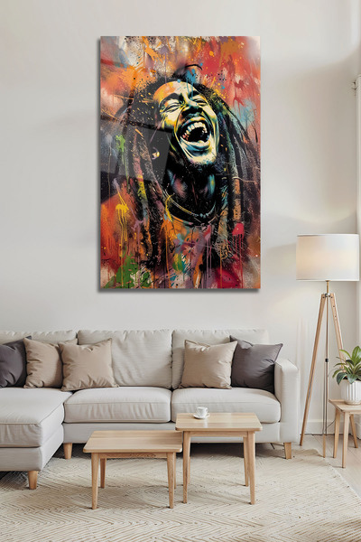 B&G DESIGN Tablou decorativ colorat din sticlă cu efect de graffiti Bob Marley