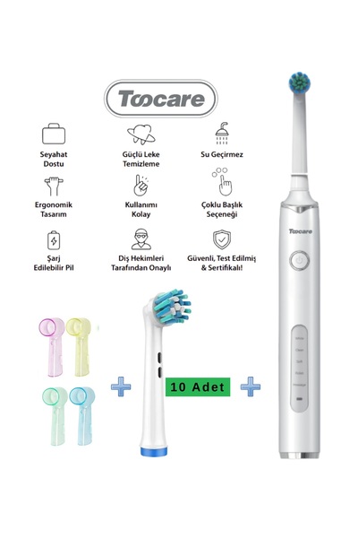 Toocare Şarj Edilebilir PREMİUM Diş Fırçası (5 Farklı Mod - LCD Ekran) + 10 A...