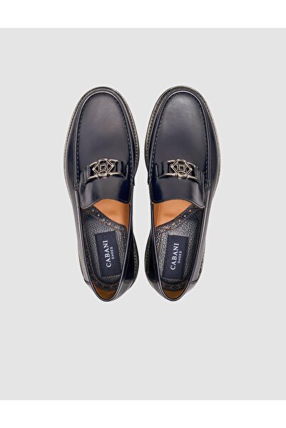 Cabani Genuine Premium Leather Navy Blue Men's Metal Buckle Loafer