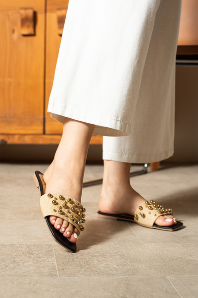 dabab shoes Seren Women's Straw Textured Gold Pearl Flat Slippers