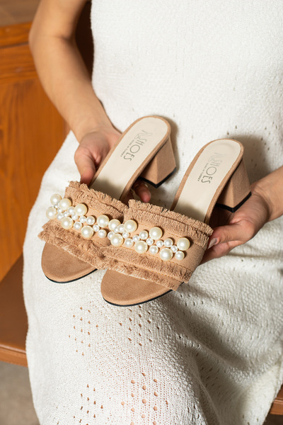 dabab shoes Nubia Women's Pearl Detailed Straw Heeled Tan Slippers Sandals