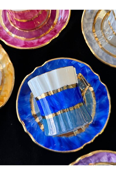 LOKMAN ZÜCCACİYE SHOWROOM 6 Pcs 24K Gold Gilt Special Design Colorful Hand Painting Coffee Cup Set 90ml Mdl-12