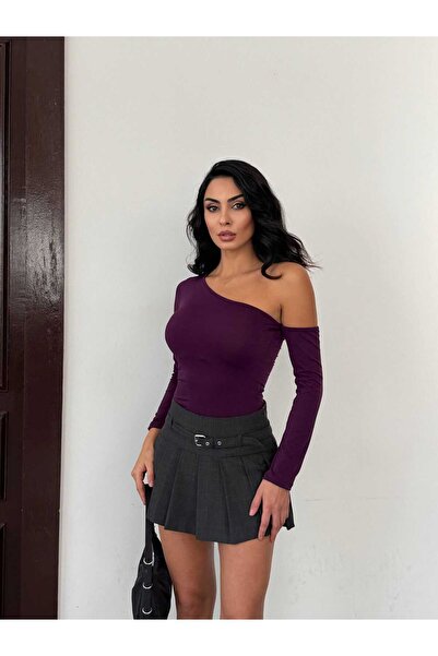 trendhazan A KALİTE ASİMETRİK YAKA SANDY KUMAŞ CROP / BLUZ