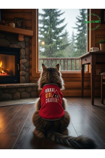 Gobo Dikkat Kedi Çıkabilir Baskılı Kırmızı Kedi ve Köpek Kıyafeti Elbisesi 4 Farklı Beden Seçeneği