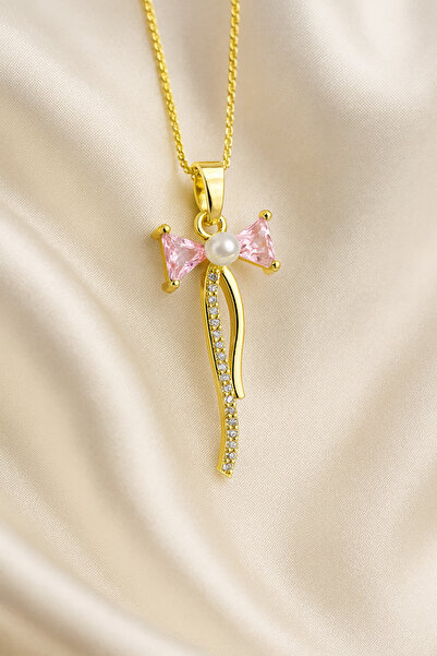 A-STİL TAKI Women's Gift Box Zircon Stone Pearl Pink Ribbon Steel Necklace