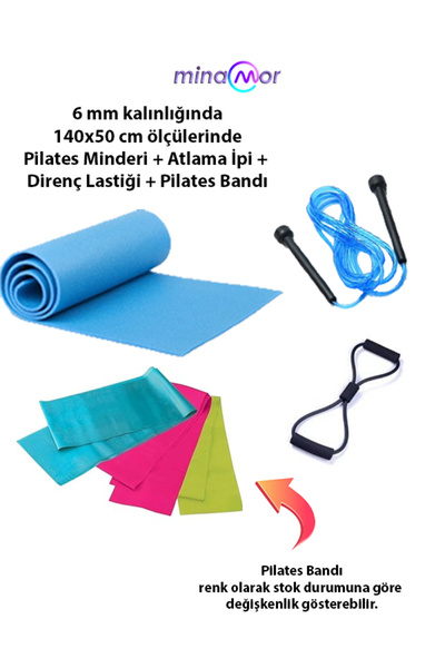 Minamor 6mm Kalınlığında Pilates Minderi+Atlama İpi+Direnç Lastiği+Pilates Bandı