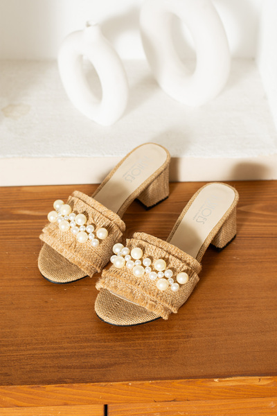 dabab shoes Nubia Women's Pearl Detailed Straw Heeled Beige Slippers Sandals