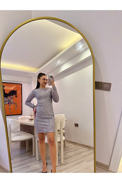 Gamze Ege Fashion Gümüş pul payet astarlı uzun kollu elbise