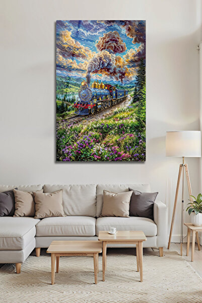 B&G DESIGN Flori colorate și trenul cu aburi din cer, artă modernă, pictură d...