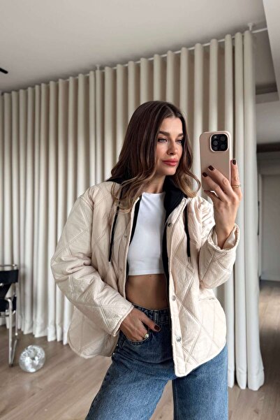 Sue Store Stone Color Lined Hooded Quilted Coat