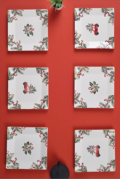 Piatti Naturali 6-Piece New Year Pattern Large 23 cm Serving Plate Set Cake Presentation Breakfast Plate Set Handmade Gift