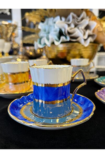 LOKMAN ZÜCCACİYE SHOWROOM 6 Pcs 24K Gold Gilt Special Design Colorful Hand Painting Coffee Cup Set 90ml Mdl-12
