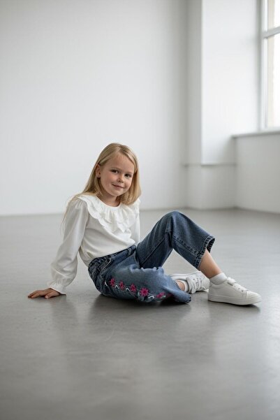 RONYPONY Детски панталони с широки крачоли от деним с флорална бродерия отстрани