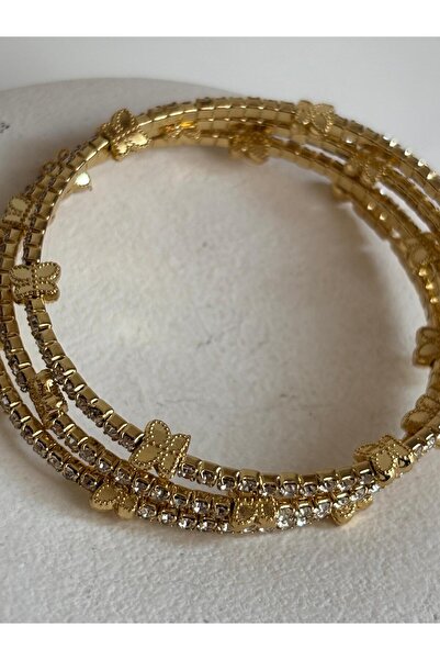 BHR AKSESUAR Gold 3 Row Butterfly Figured Zircon Stone Flexible Bracelet