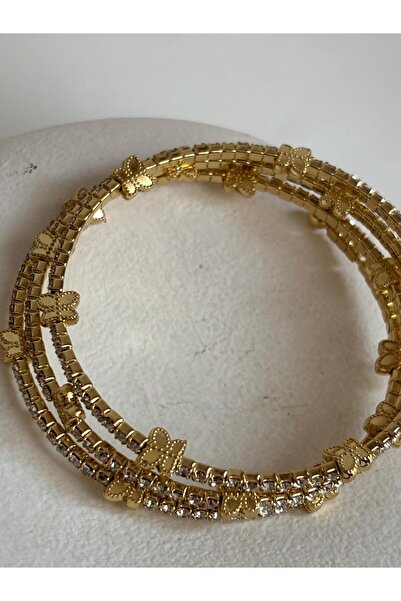BHR AKSESUAR Gold 3 Row Butterfly Figured Zircon Stone Flexible Bracelet
