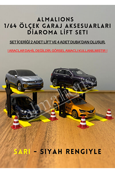 almalions 1/64 Scale Diaroma Vehicle Lift 2 Pieces + 4 Pieces Pontoon Garage Accessories Yellow - Black