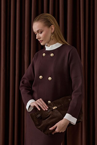 Hilay Crystal Çift Renk Kruvaze Triko Etekli Takım KAHVERENGİ