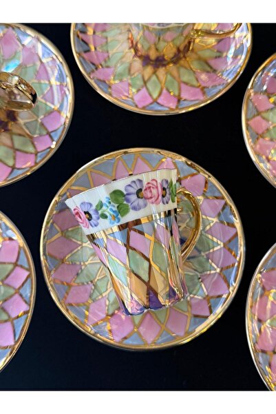 LOKMAN ZÜCCACİYE SHOWROOM 6 Person Hand Painted Special Design 24K Gold Gilt Coffee Cup Set Model 10