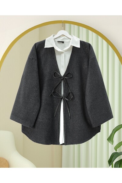 HİJABAYA Lace-Up Front Oval Cut Kaşe Kimono - Anthracite