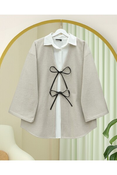 HİJABAYA Lace-Up Front Oval Cut Kaşe Kimono -Stone