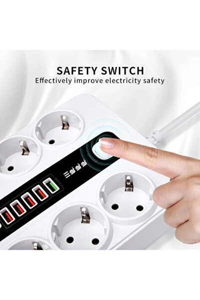 Zherqon Prelungitor cu încărcare rapidă – 6 prize, 5 USB (5V 3.1A) + PD 20W, întrerupător, 2m, alb