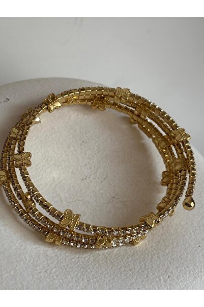 BHR AKSESUAR Gold 3 Row Butterfly Figured Zircon Stone Flexible Bracelet
