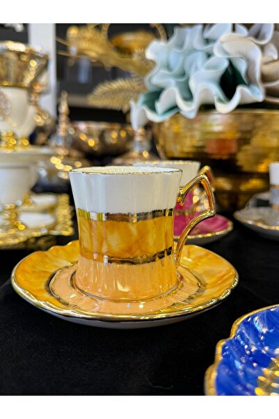 LOKMAN ZÜCCACİYE SHOWROOM 6 Pcs 24K Gold Gilt Special Design Colorful Hand Painting Coffee Cup Set 90ml Mdl-12