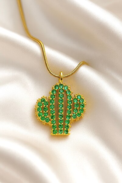 A-STİL TAKI Women's Gift Box Zircon Stone Cactus Steel Necklace