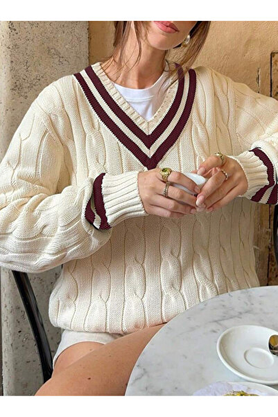 YUGA KNİTTİNG سترة نسائية بنمط تريكو على شكل حرف V