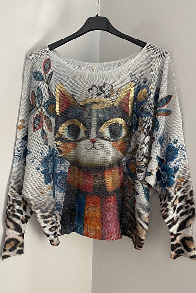 AYASOFYA OTANTIK Women's Italian Ecru Glittered Cat Patterned Batwing Sleeve Mercerized Blouse Sweater