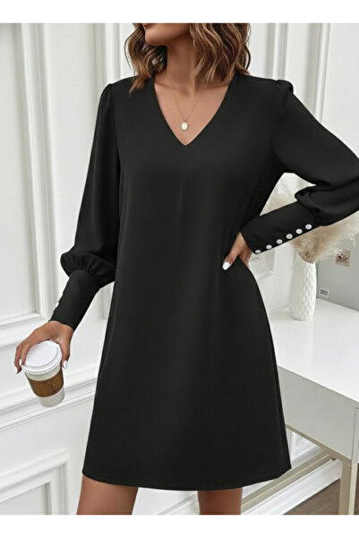 Ekince Women's Long Sleeve V-Neck Short Imported Crepe Dress