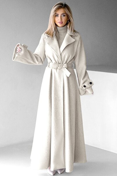FashionForYou Long coat with Merina buttons, pleats and drawstring, White, Size S/M